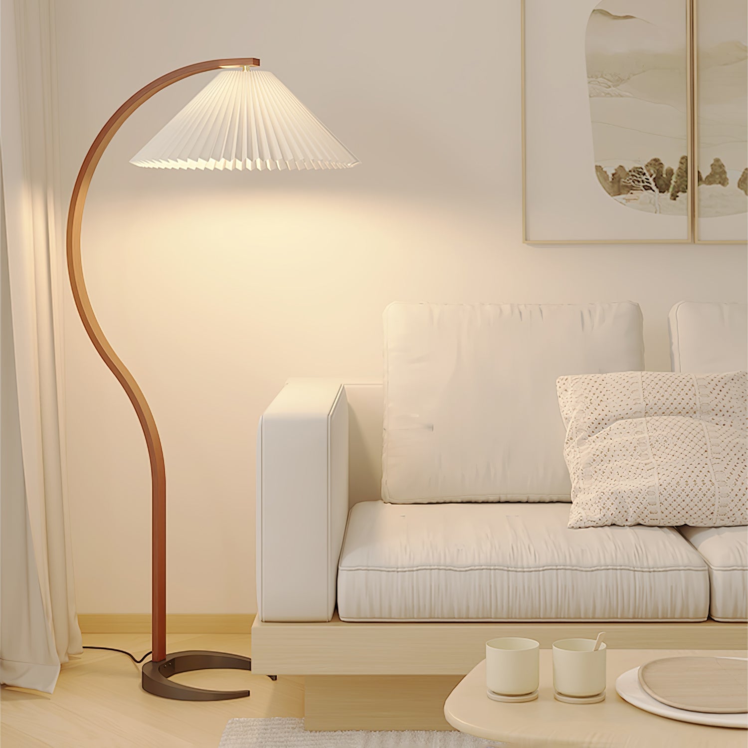 Vloerlamp Scandinavisch met Geplisseerde Kap en Boogvorm