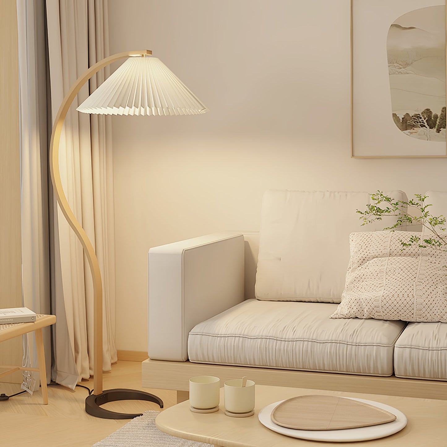 Vloerlamp Scandinavisch met Geplisseerde Kap en Boogvorm