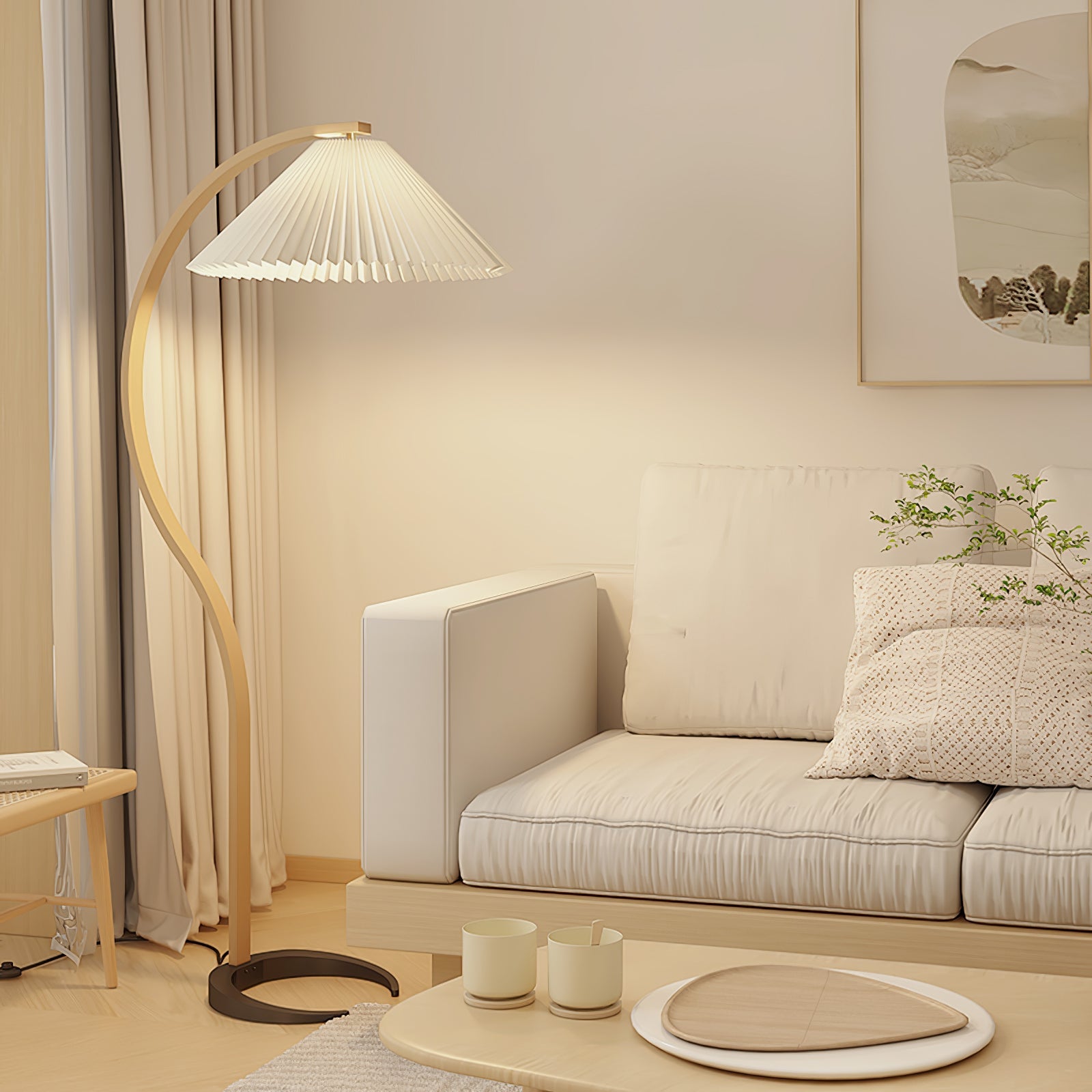 Vloerlamp Scandinavisch met Geplisseerde Kap en Boogvorm