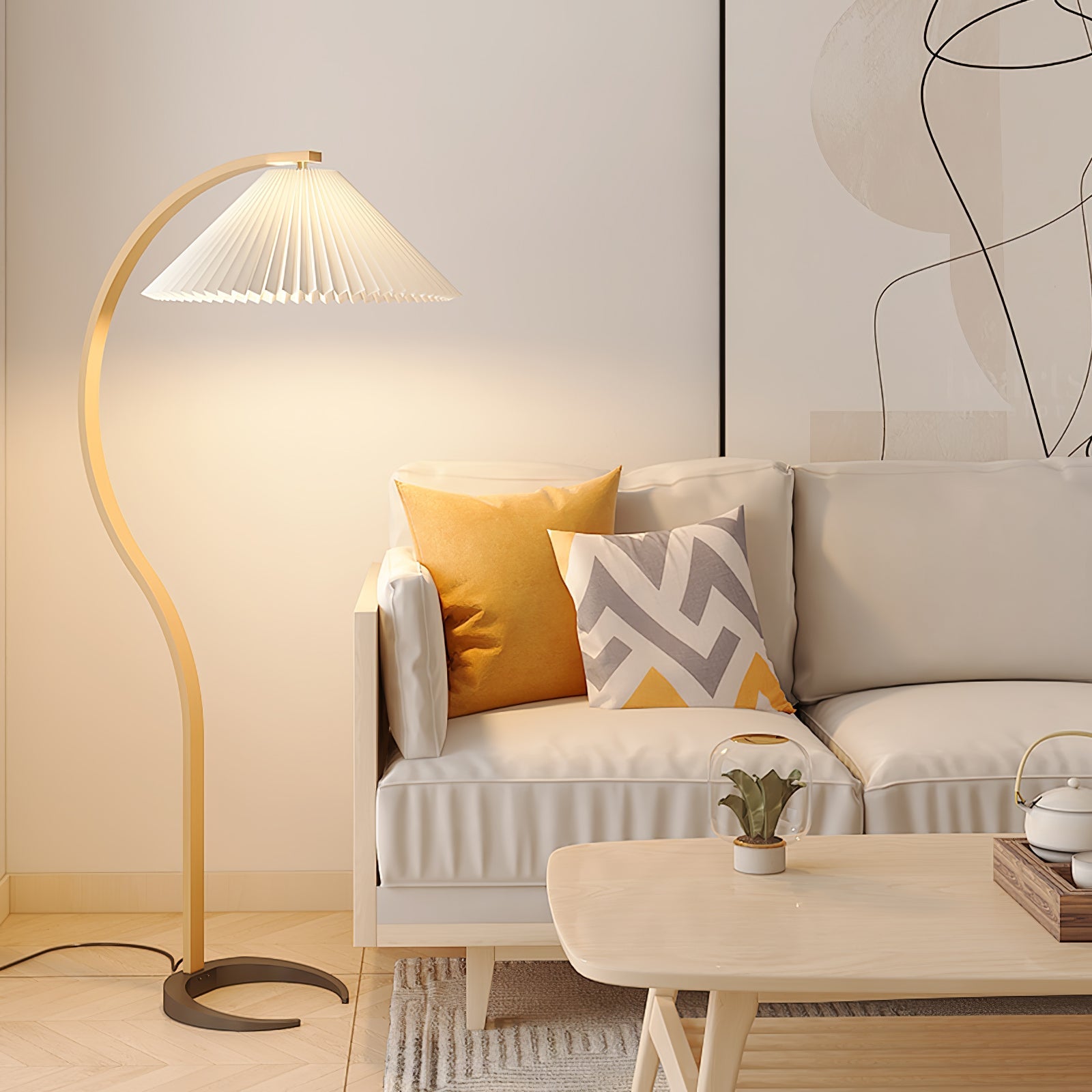 Vloerlamp Scandinavisch met Geplisseerde Kap en Boogvorm