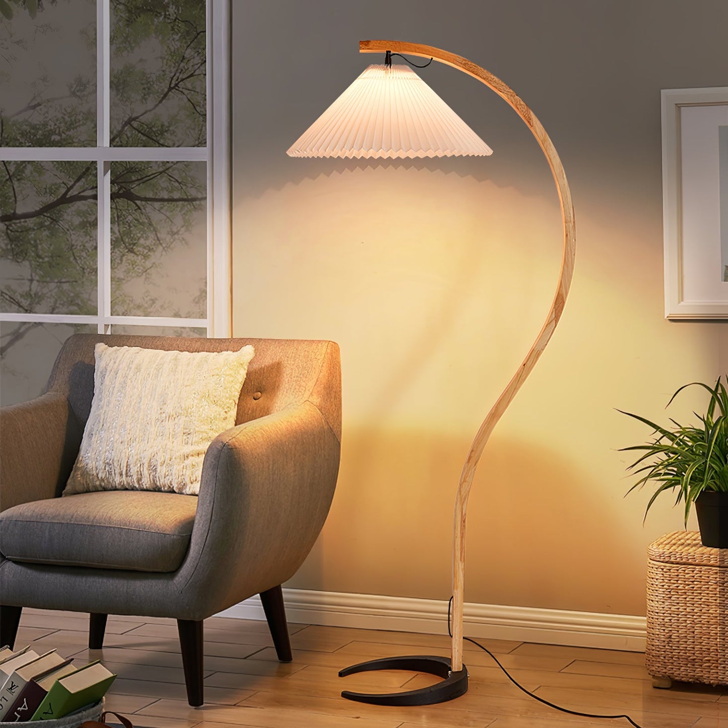 Vloerlamp Scandinavisch met Geplisseerde Kap en Boogvorm