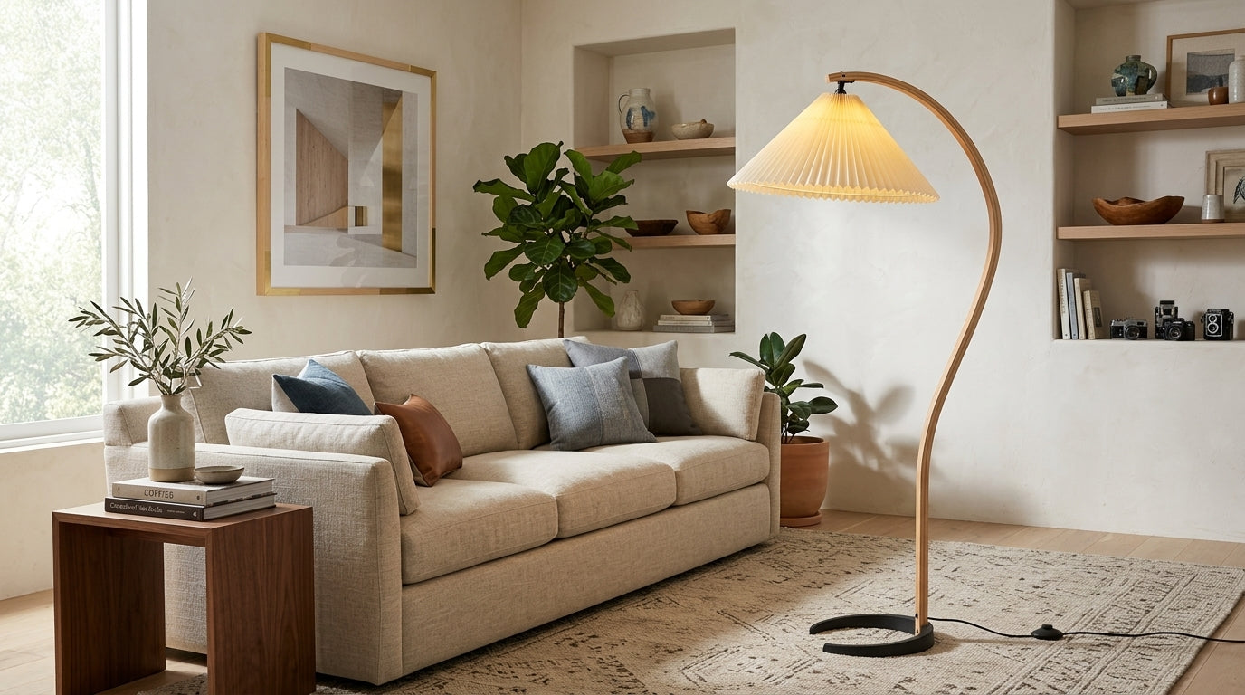 Vloerlamp Scandinavisch met Geplisseerde Kap en Boogvorm