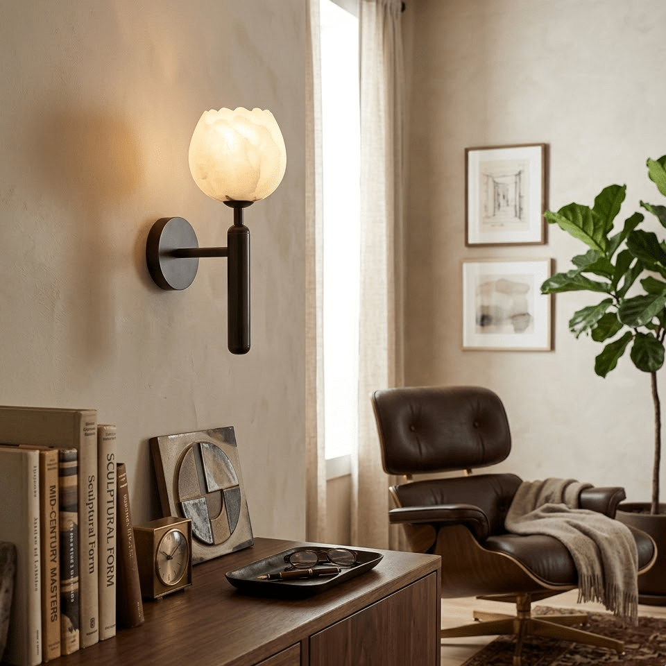 Wandlamp Art Deco met Bloemvormige Alabasten Kap en Messing Arm