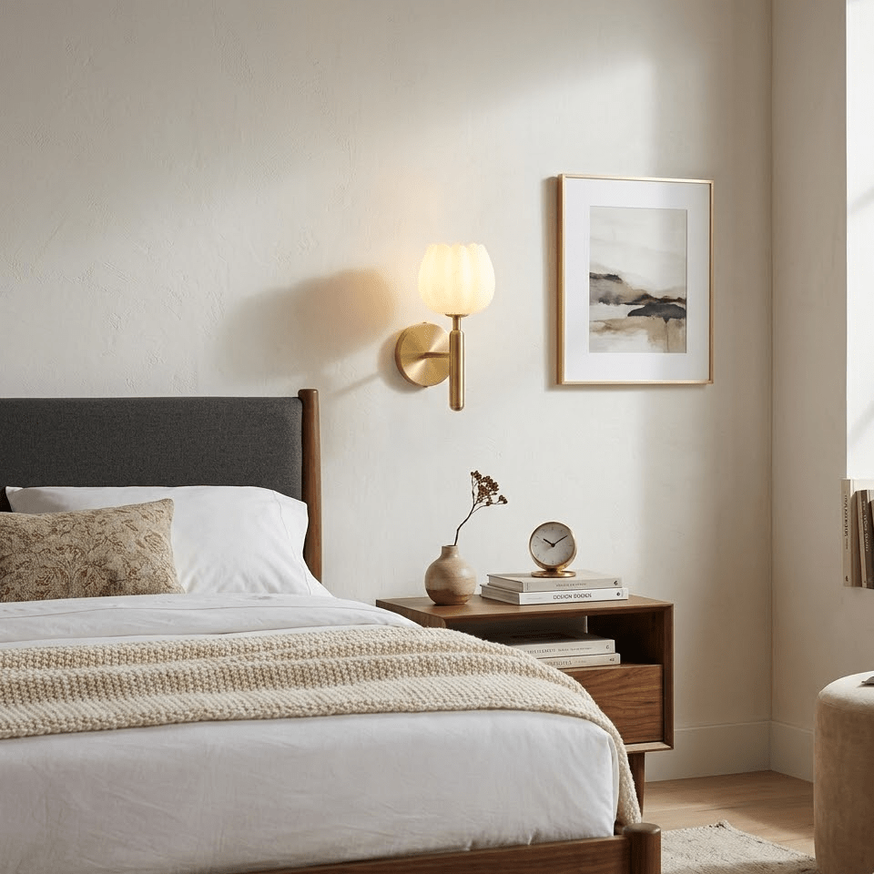 Wandlamp Art Deco met Bloemvormige Alabasten Kap en Messing Arm