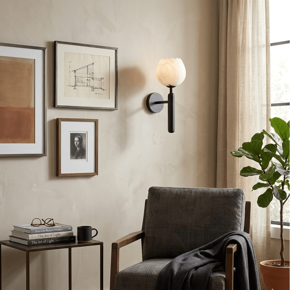 Wandlamp Art Deco met Bloemvormige Alabasten Kap en Messing Arm