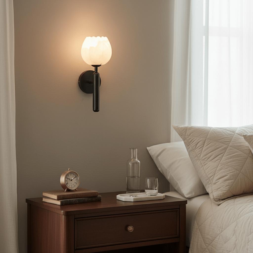 Wandlamp Art Deco met Bloemvormige Alabasten Kap en Messing Arm