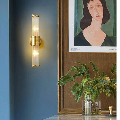 Wandlamp Art Deco met Kristalglas Cilinders en Messing Fitting