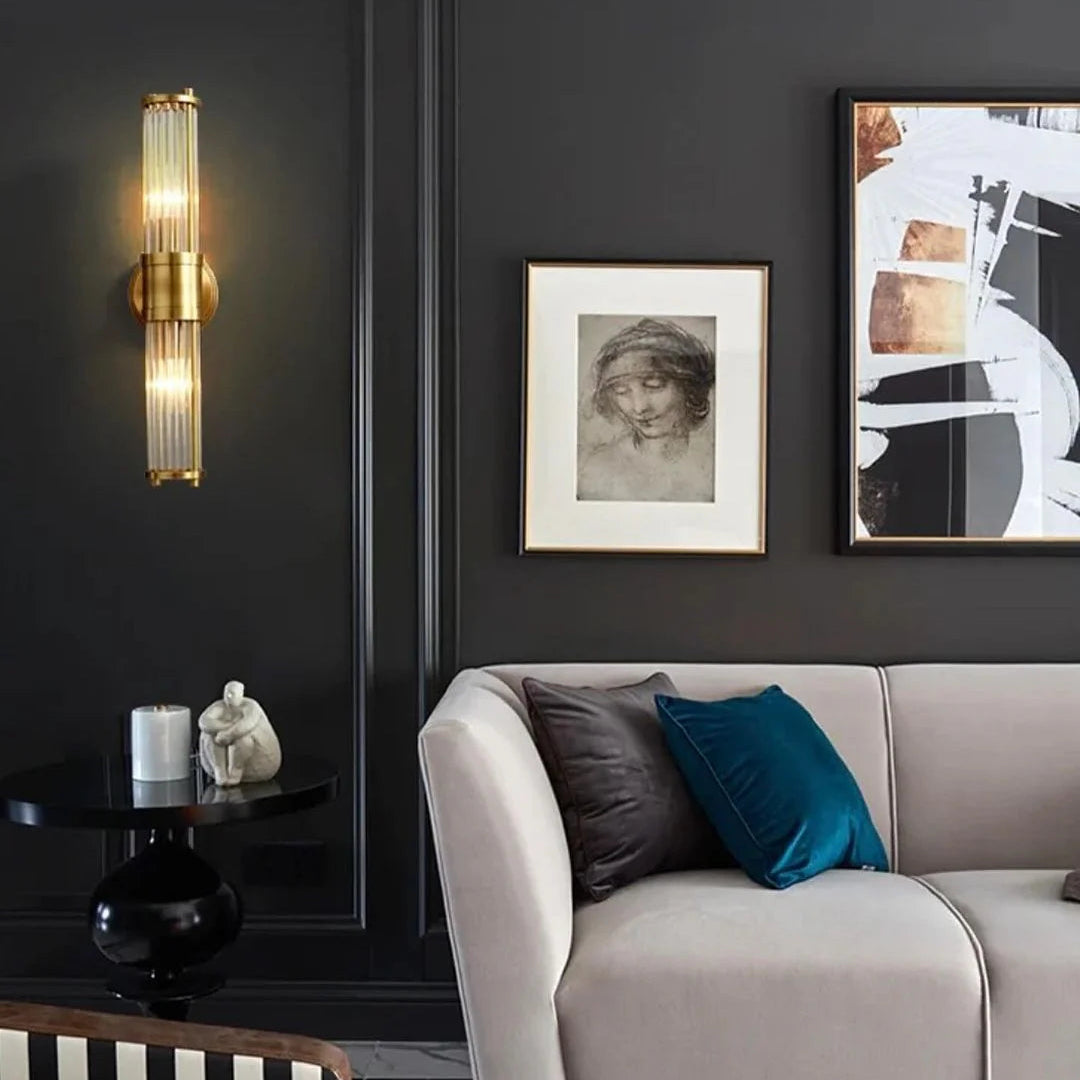Wandlamp Art Deco met Kristalglas Cilinders en Messing Fitting
