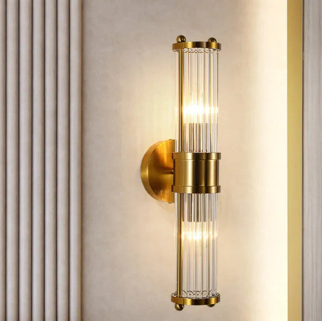 Wandlamp Art Deco met Kristalglas Cilinders en Messing Fitting