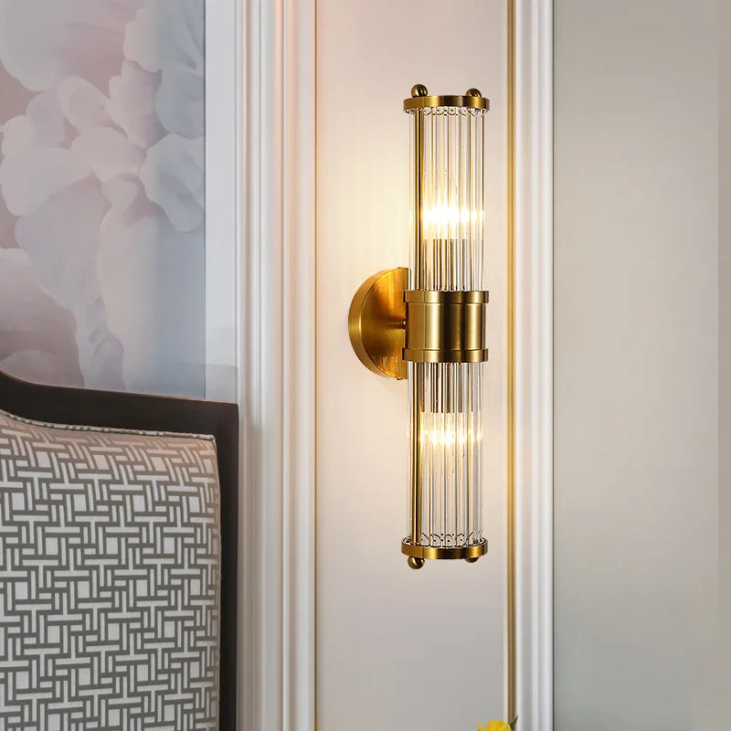 Wandlamp Art Deco met Kristalglas Cilinders en Messing Fitting