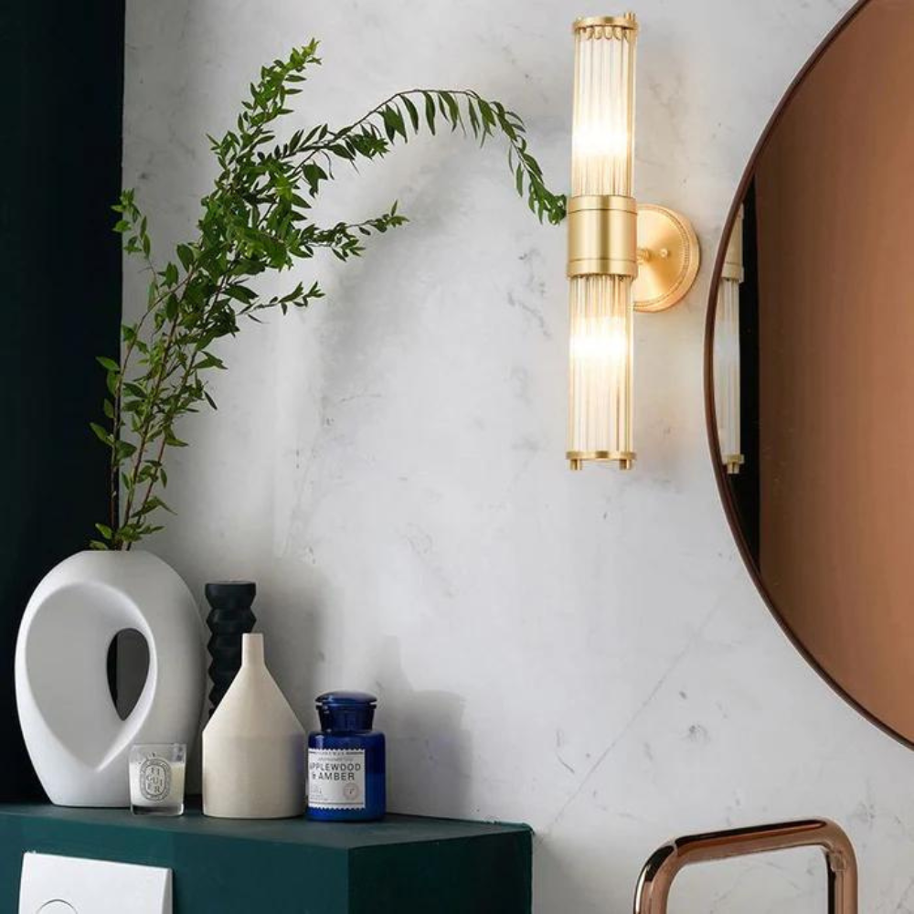 Wandlamp Art Deco met Kristalglas Cilinders en Messing Fitting