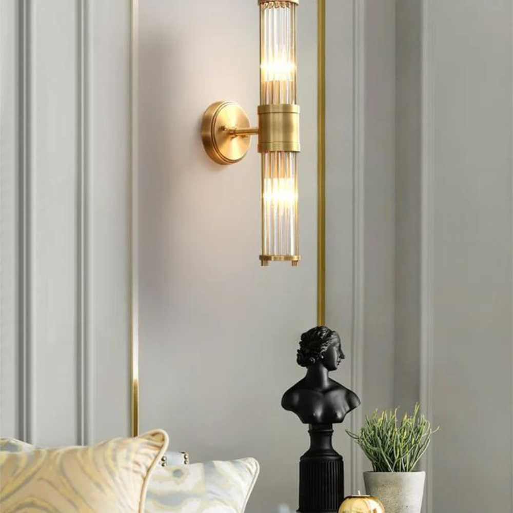 Wandlamp Art Deco met Kristalglas Cilinders en Messing Fitting