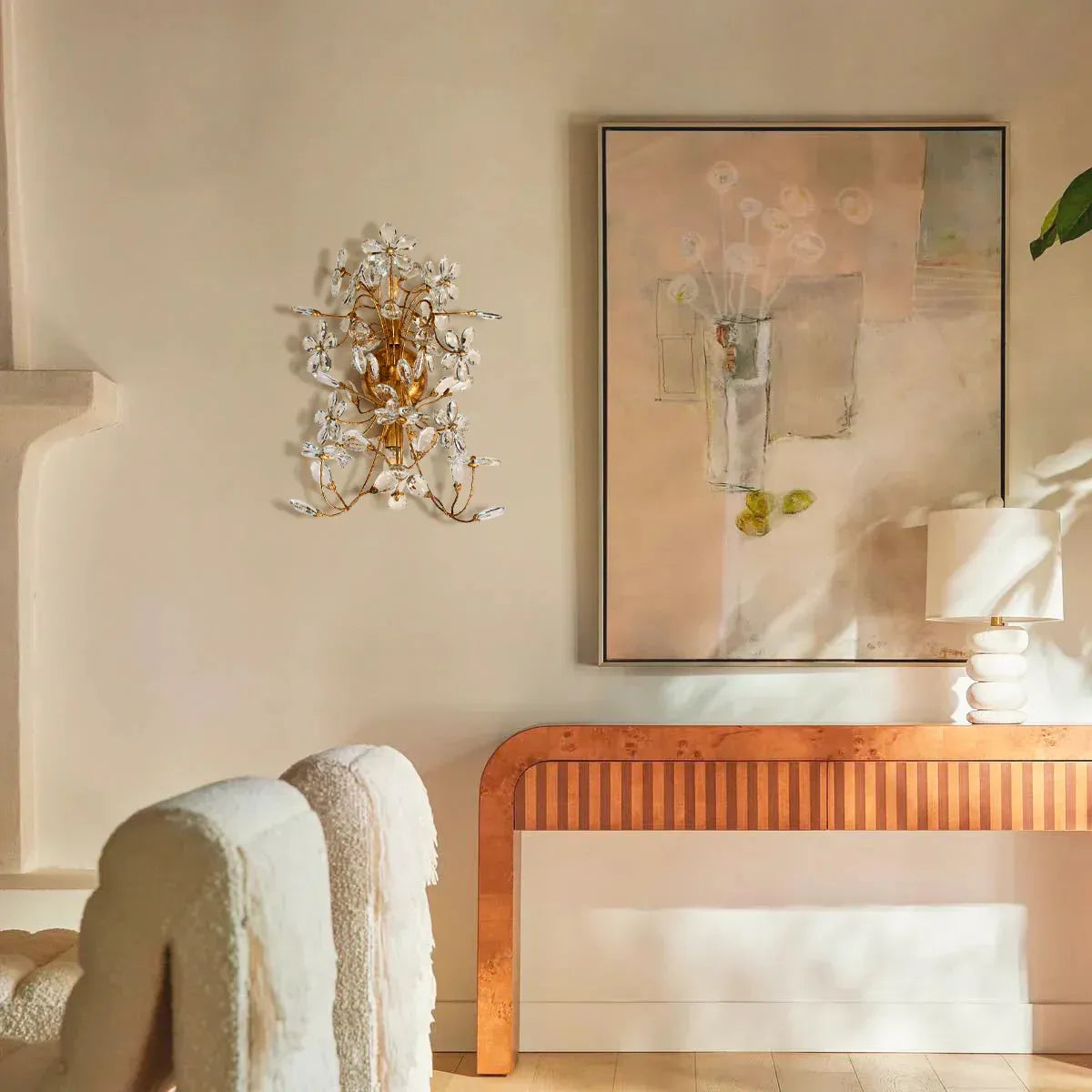 Wandlamp Art Deco met Kristallen Bloemen en Metalen Takken