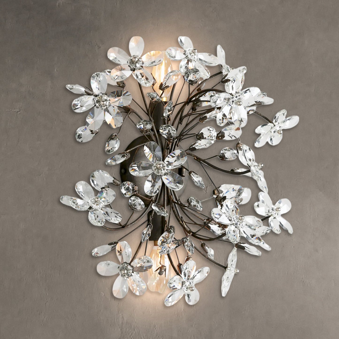 Wandlamp Art Deco met Kristallen Bloemen en Metalen Takken