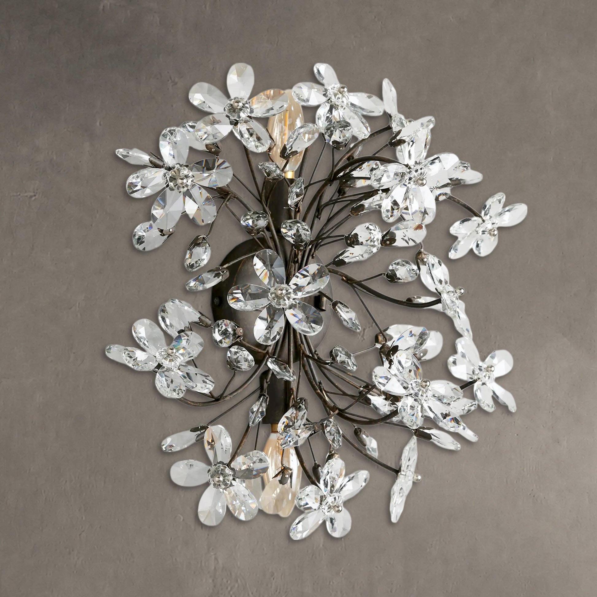 Wandlamp Art Deco met Kristallen Bloemen en Metalen Takken