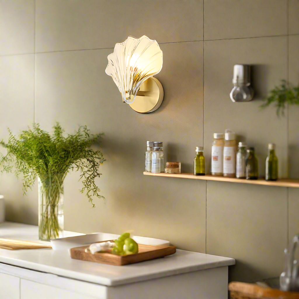 Wandlamp Art Deco met Schelp Glazen Kap en Messing Fitting