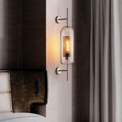 Wandlamp Industrieel met Glazen Kap en Metalen Mesh Binnenkap
