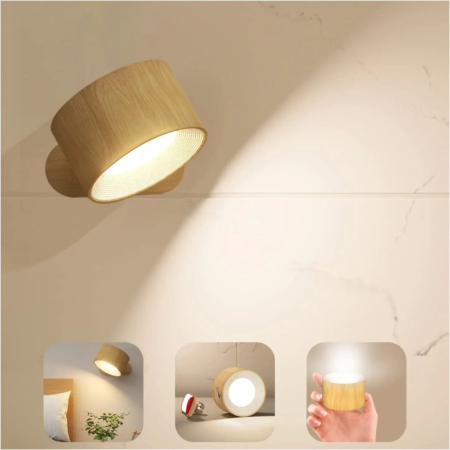 Wandlamp Minimalistisch Draadloos met 360° Draaibare Kop en USB Oplaadbaar