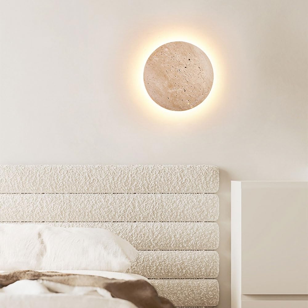 Wandlamp Minimalistisch met Indirecte Verlichting en Ronde Travertijn Schijf