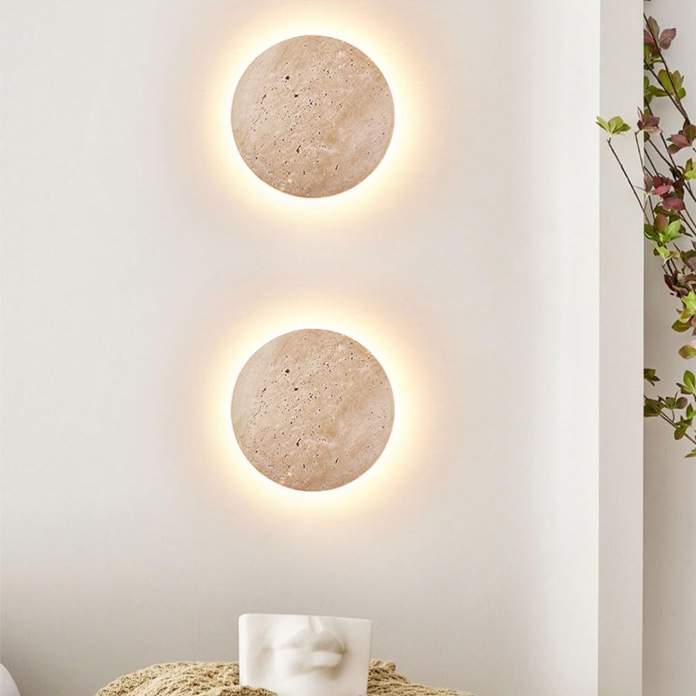 Wandlamp Minimalistisch met Indirecte Verlichting en Ronde Travertijn Schijf