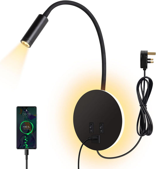 Wandlamp Modern met Flexibele Gooseneck, Achtergrondverlichting en USB Oplaadpoort