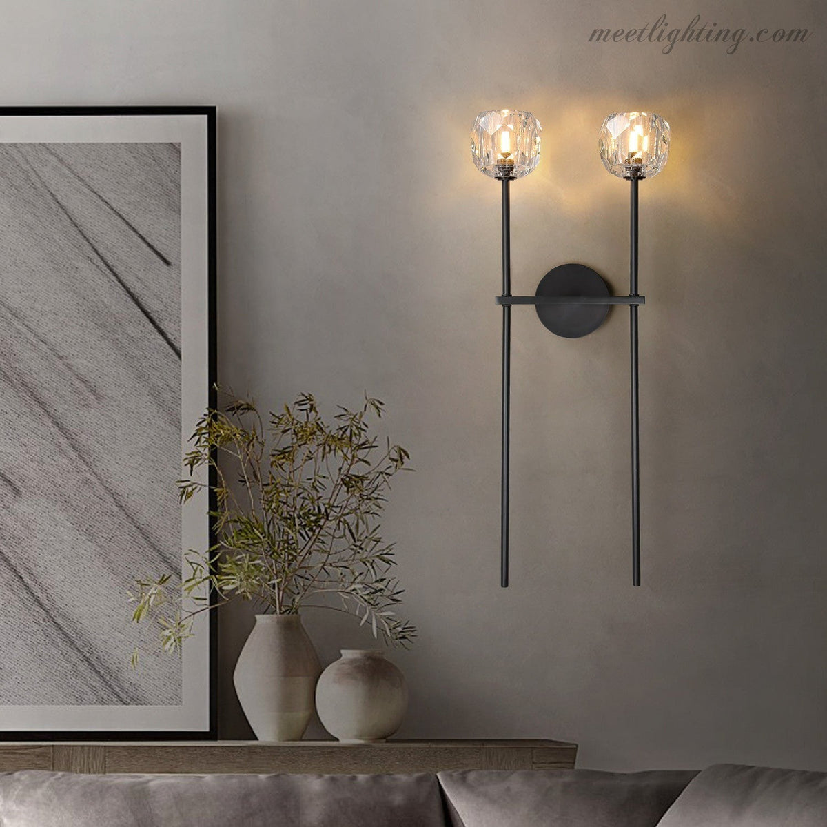 Wandlamp Modern met Twee Kristallen Bollen en Messing Armen ##POS:4##