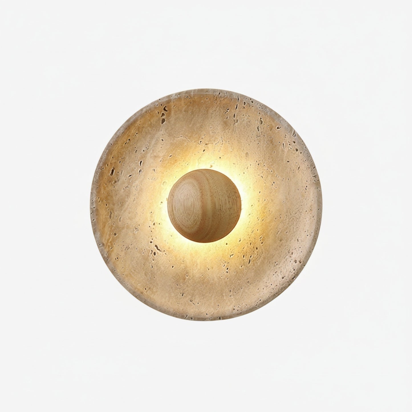 Wandlamp Rustiek met Ronde Travertine Kap en Houten Bol