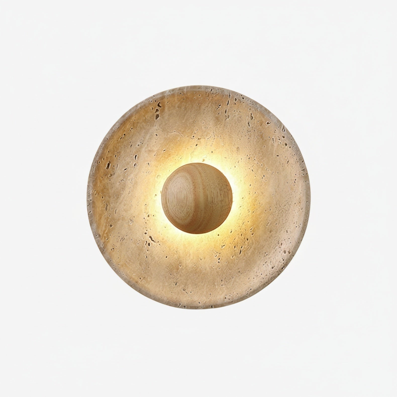 Wandlamp Rustiek met Ronde Travertine Kap en Houten Bol