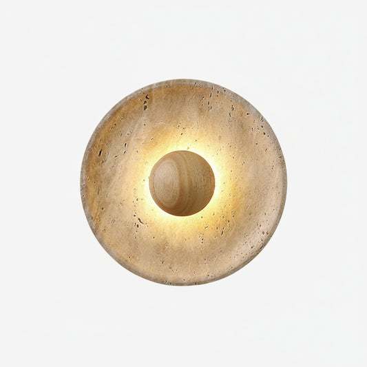 Wandlamp Rustiek met Ronde Travertine Kap en Houten Bol
