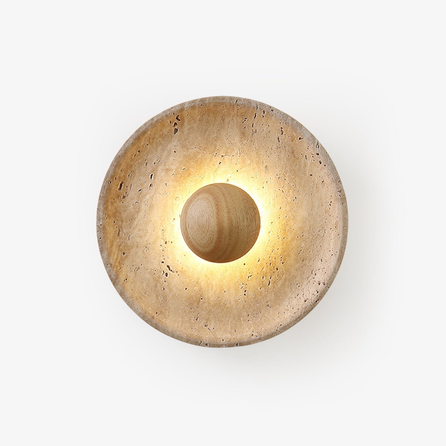 Wandlamp Rustiek met Ronde Travertine Kap en Houten Bol
