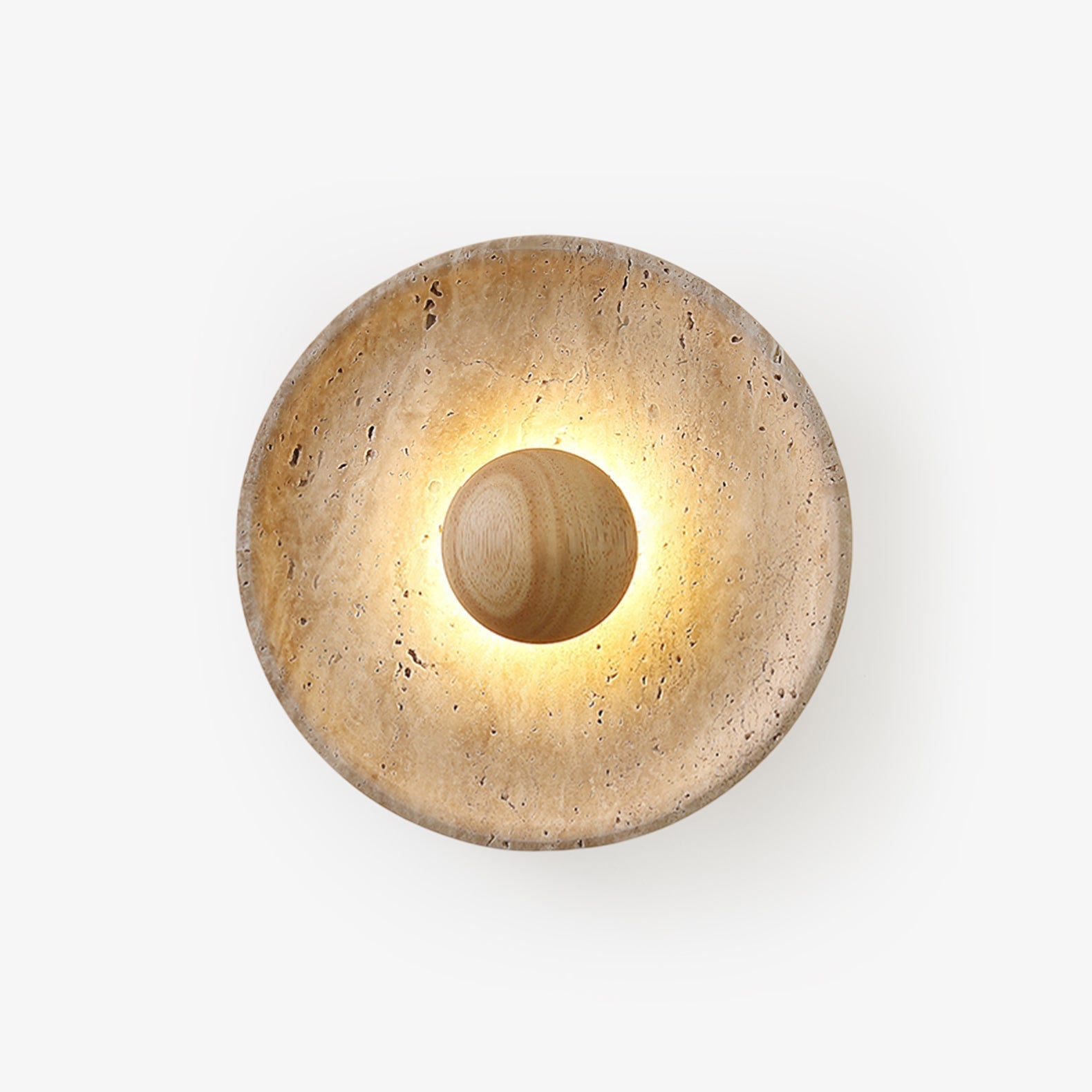 Wandlamp Rustiek met Ronde Travertine Kap en Houten Bol