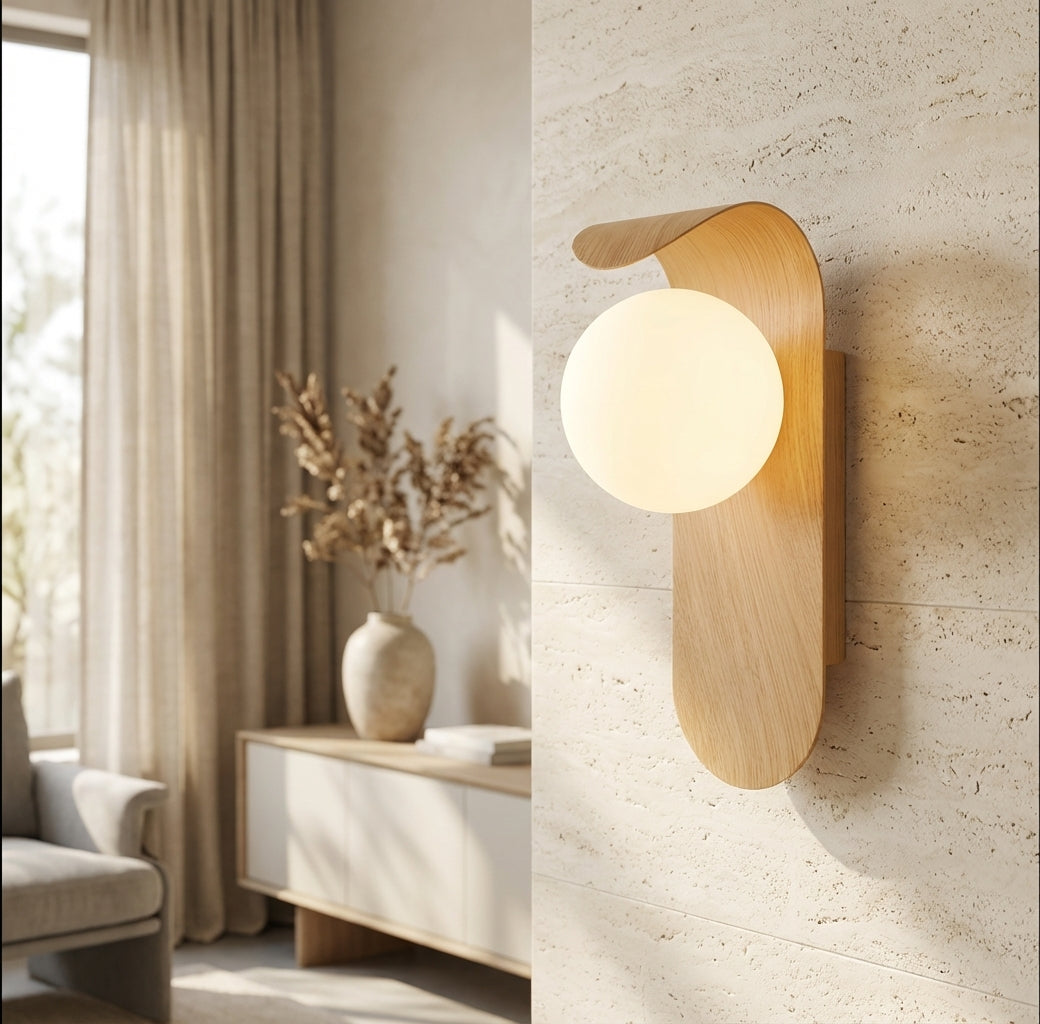 Wandlamp Scandinavisch met Houten Backplate en Glazen Bol