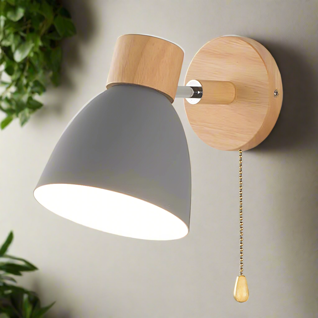 Wandlamp Scandinavisch met Houten Fitting en Trekkoordje