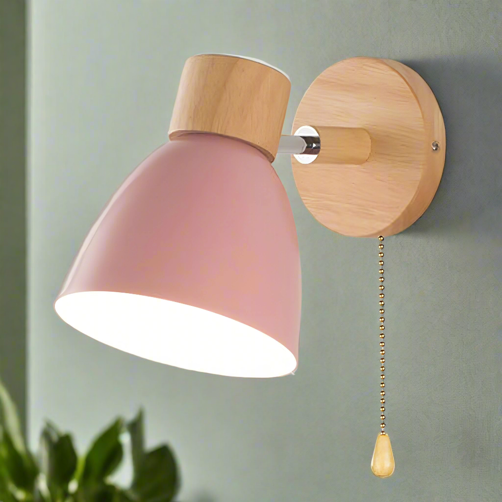 Wandlamp Scandinavisch met Houten Fitting en Trekkoordje