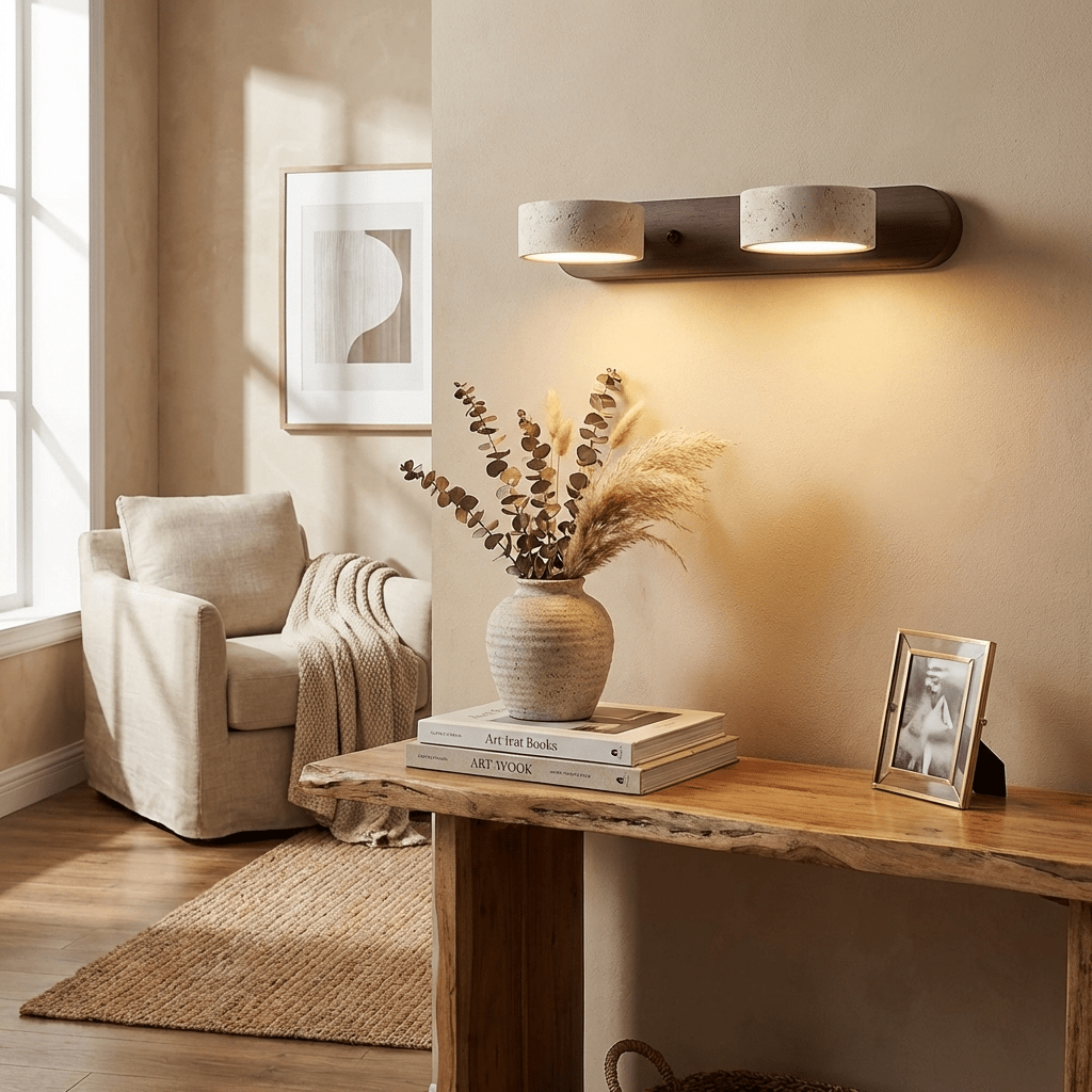 Wandlamp Scandinavisch met Natuursteen Kappen en Houten Rail