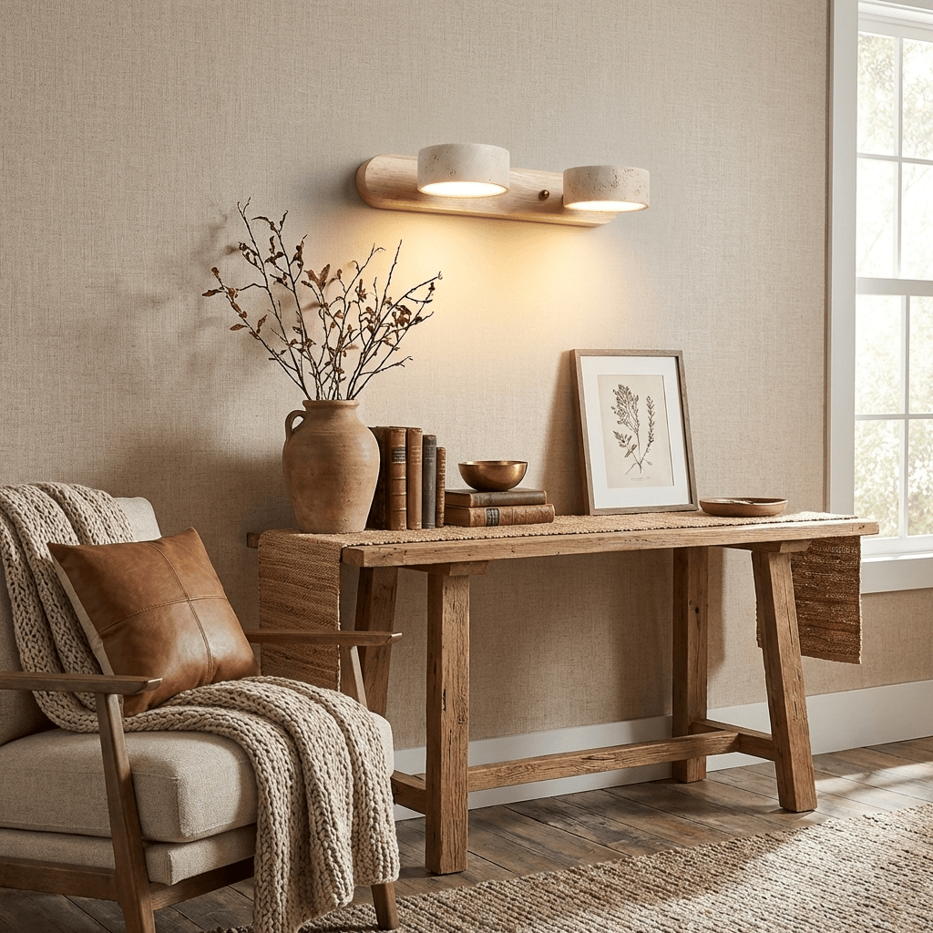 Wandlamp Scandinavisch met Natuursteen Kappen en Houten Rail