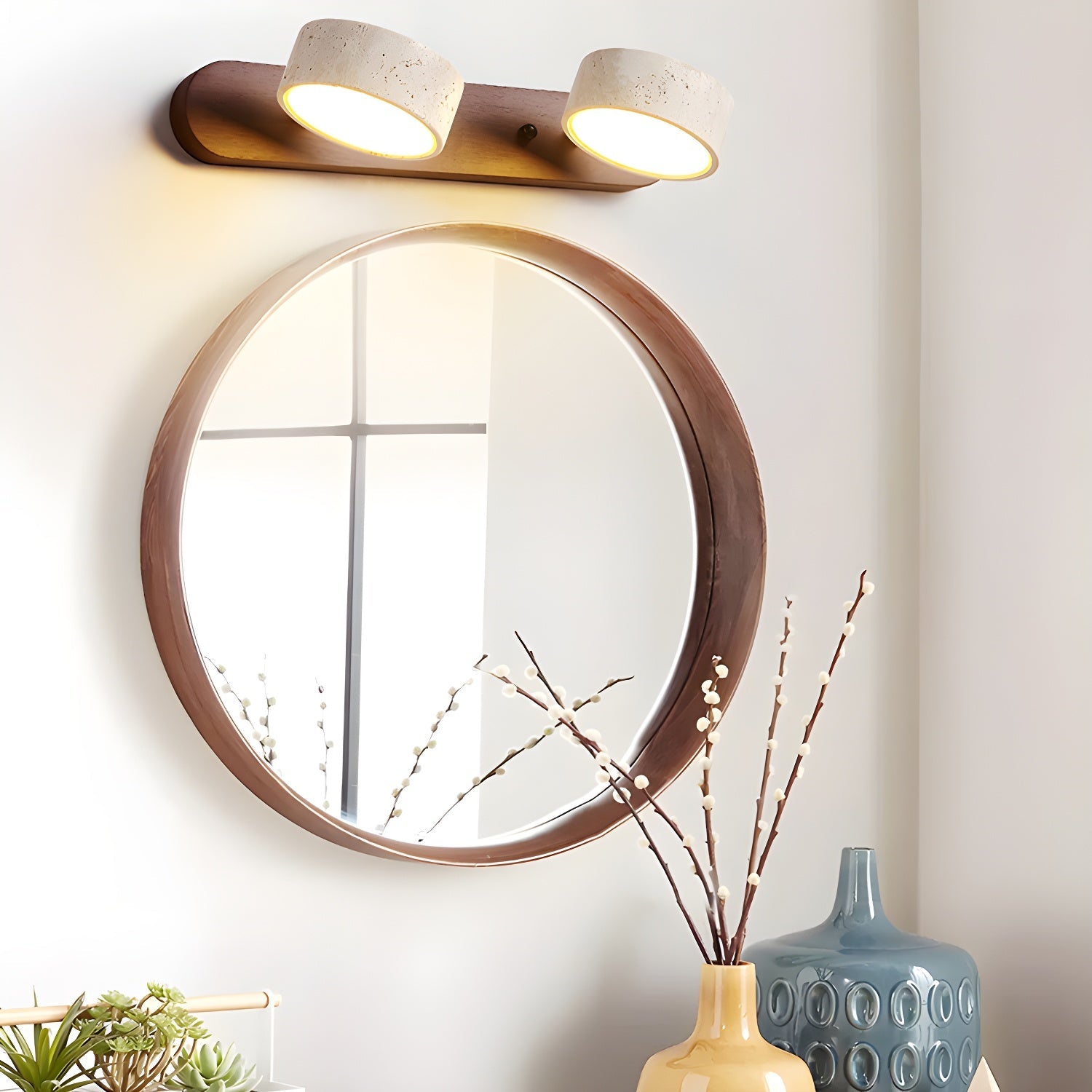 Wandlamp Scandinavisch met Natuursteen Kappen en Houten Rail