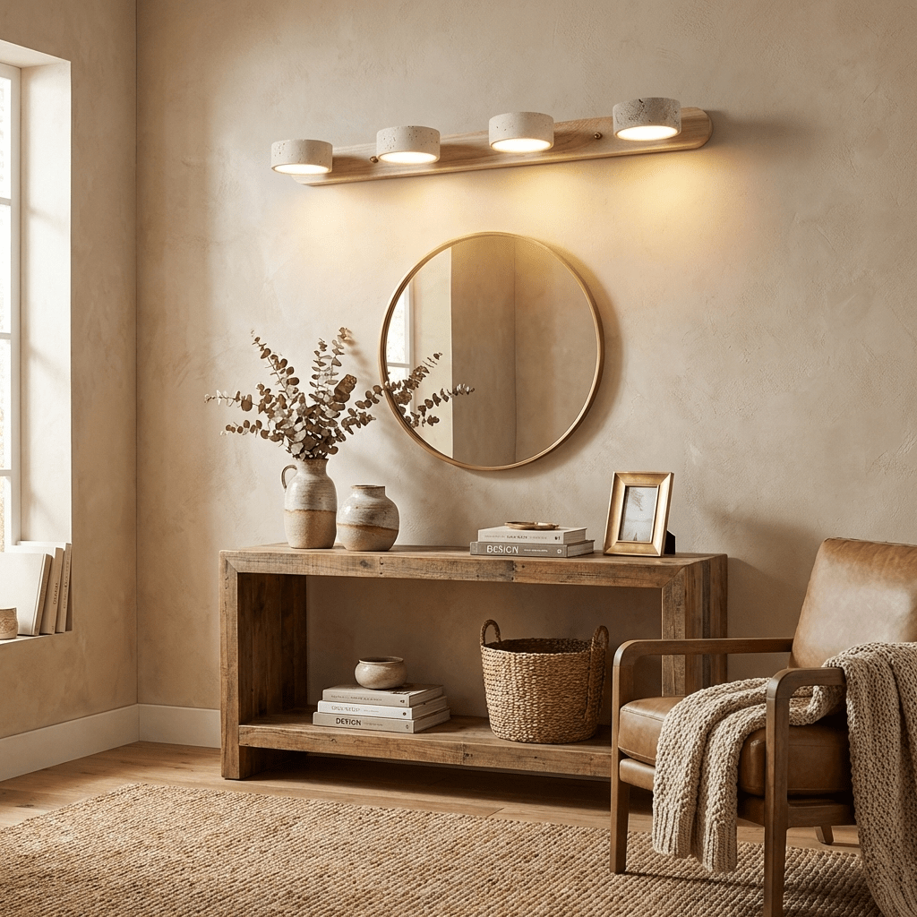 Wandlamp Scandinavisch met Natuursteen Kappen en Houten Rail