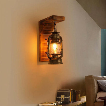 Wandlamp Vintage Lantaarn Rustiek met Houten Beugel